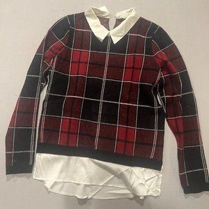 Red/black/White: Tahari sweater with collar and undershirt look
